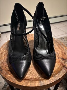 BCBGeneration Black Pointed-Toe Mesh & Leather Ankle-Strap Pumps